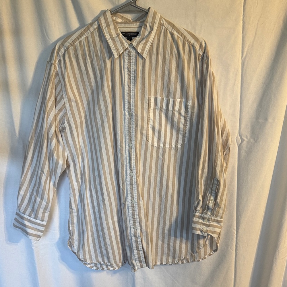 Banana Republic Beige and White Striped Women's Cotton Button Down Shirt
